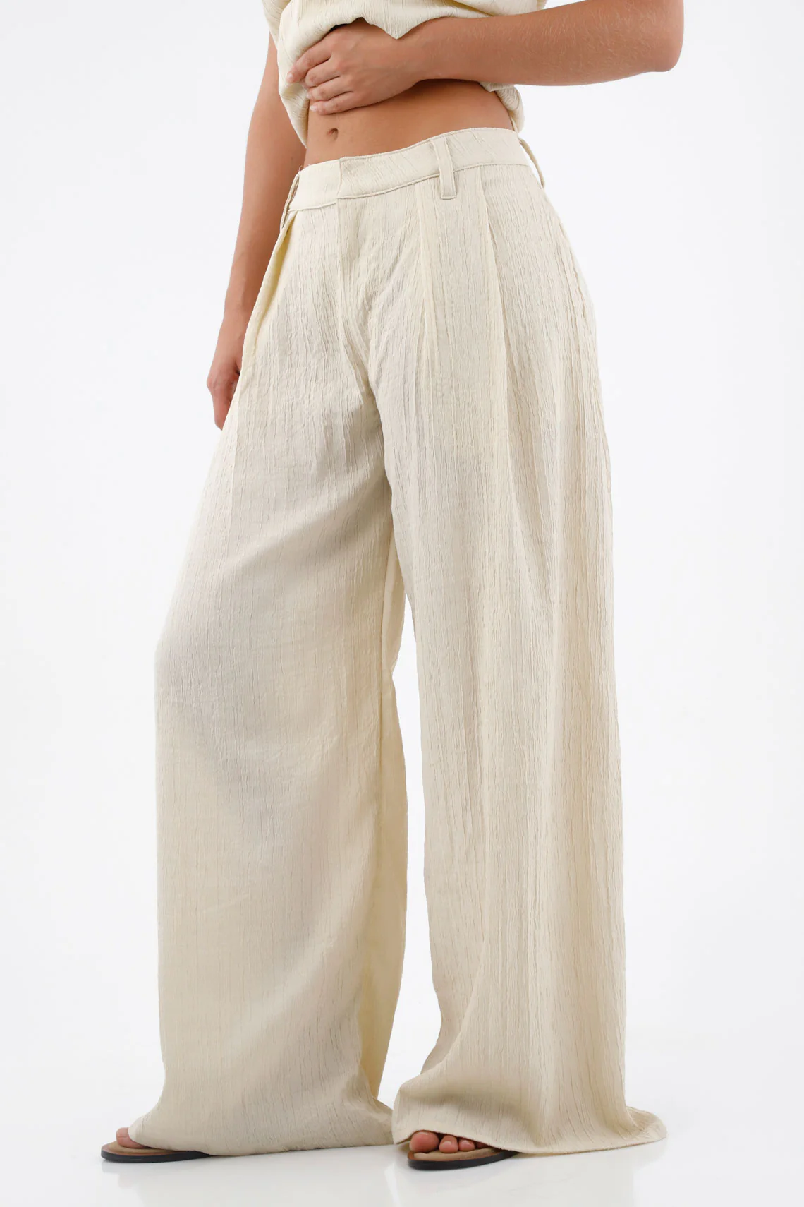 Beige Wide Leg Polyester Pants for Women with Crinkled Texture - Image 2