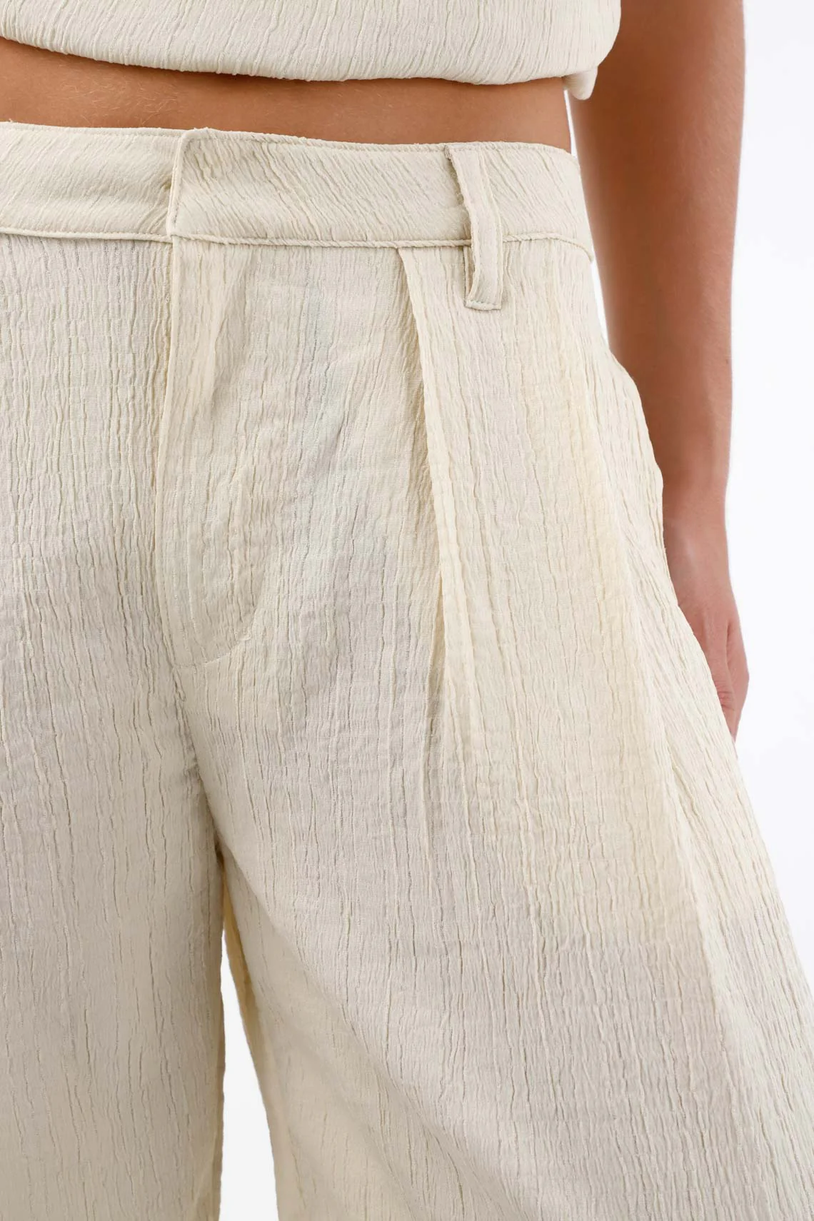 Beige Wide Leg Polyester Pants for Women with Crinkled Texture - Image 3