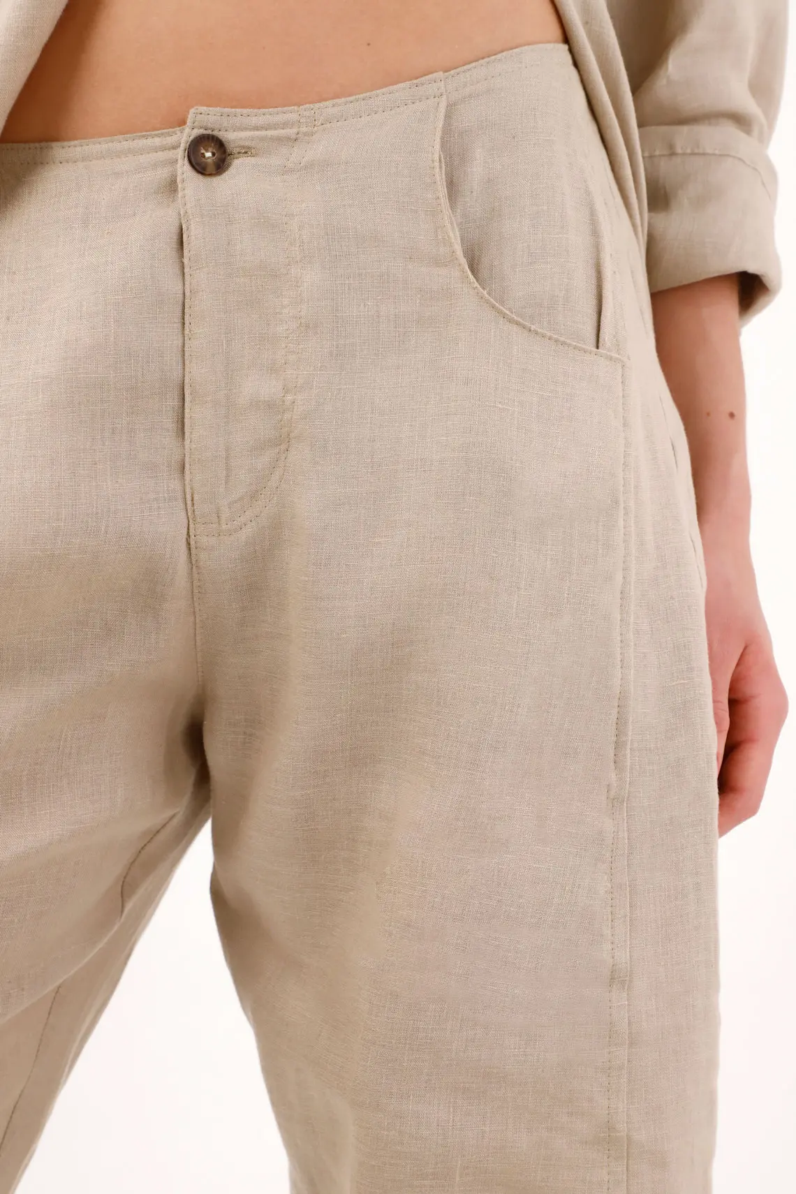 Wide Leg Pants for Women in Beige Linen with Relaxed Fit and Cropped Length - Image 4