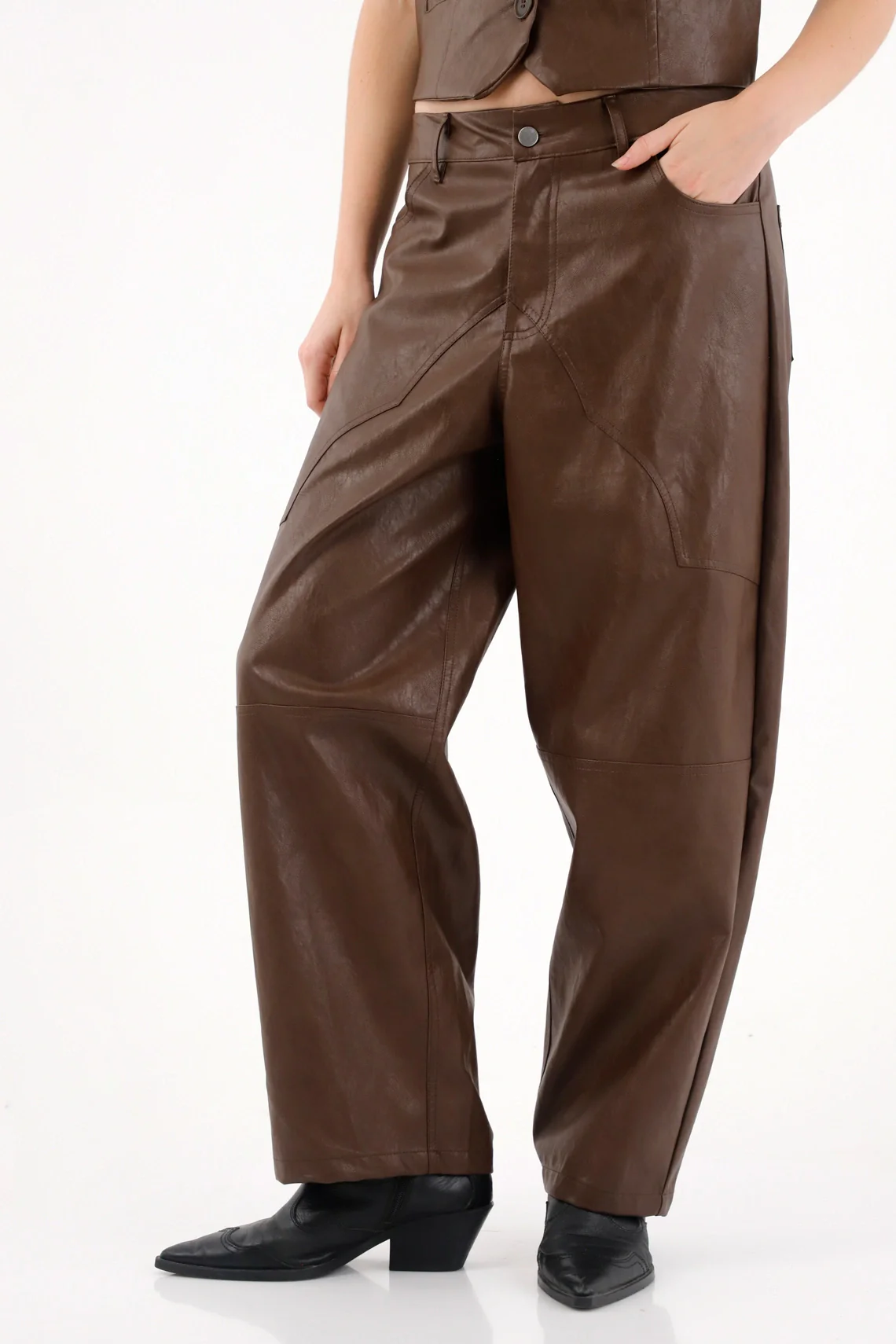 Brown Leather-Look Cowboy Pants for Women - Image 2