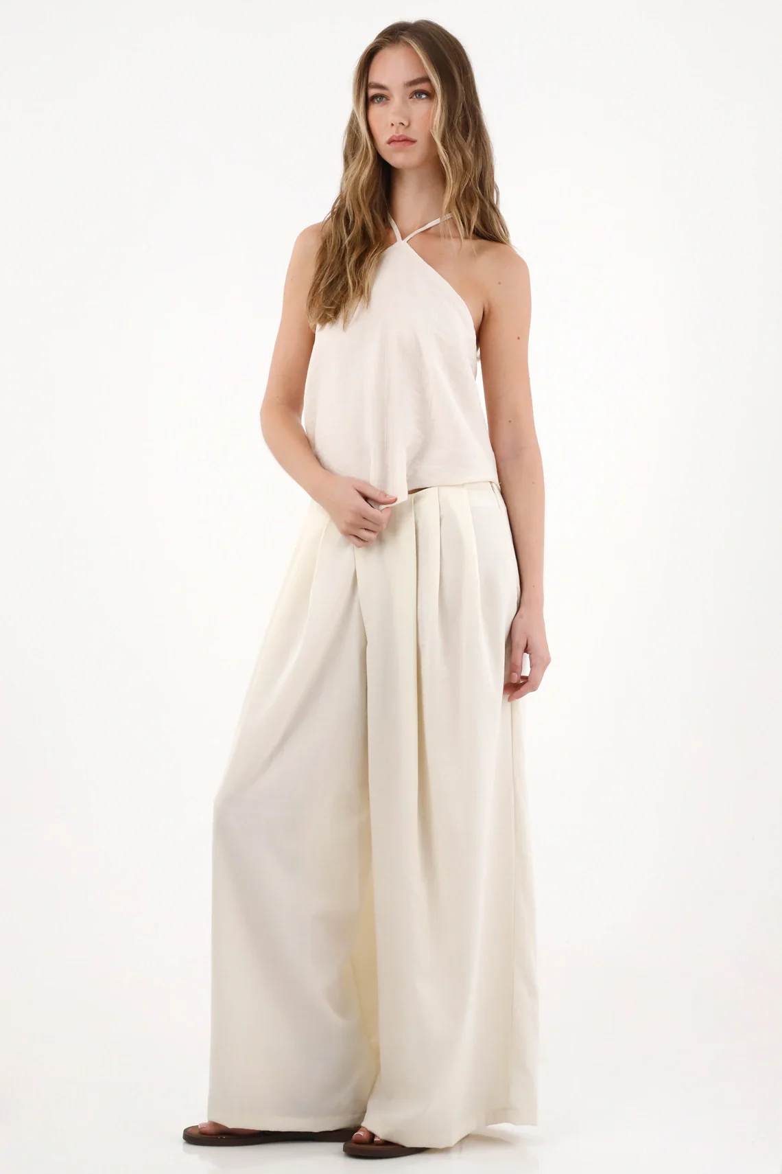 Wide Leg Pants with Crossed Waistband Off-White for Women - Image 2