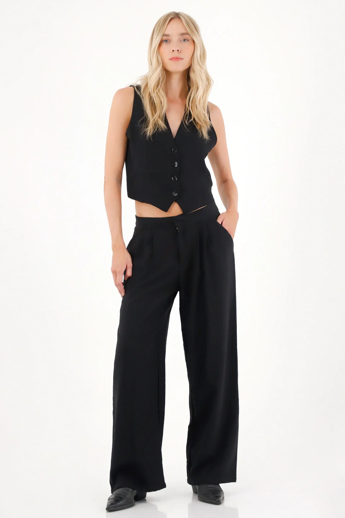Straight Pants with Pleats in Front Black for Women