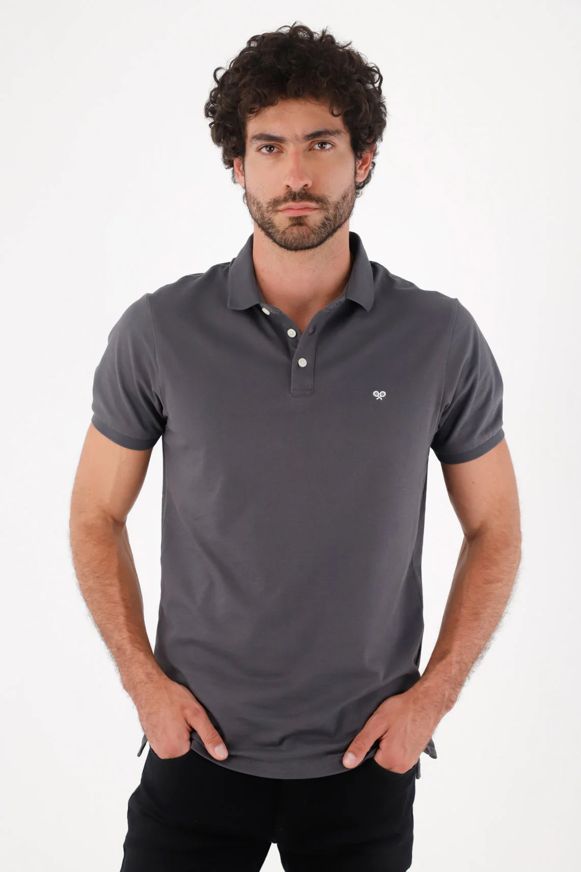 Dark Gray Cotton Polo for Men with Regular Fit and Embroidered Logo