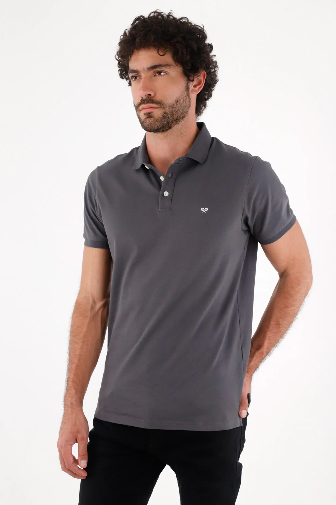 Dark Gray Cotton Polo for Men with Regular Fit and Embroidered Logo - Image 3