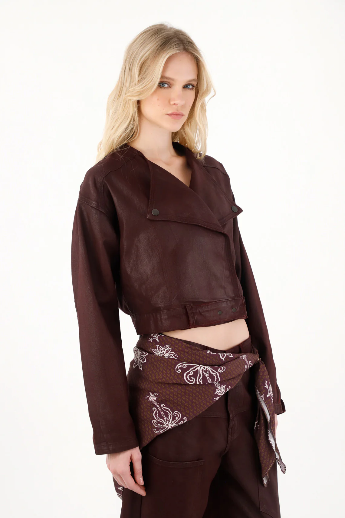 Red Crop Coat with Lapels for Women