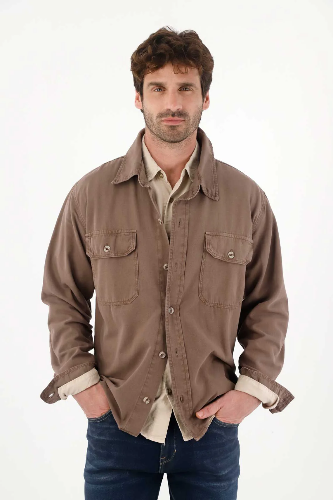 Classic shirt in solid brown fabric for men