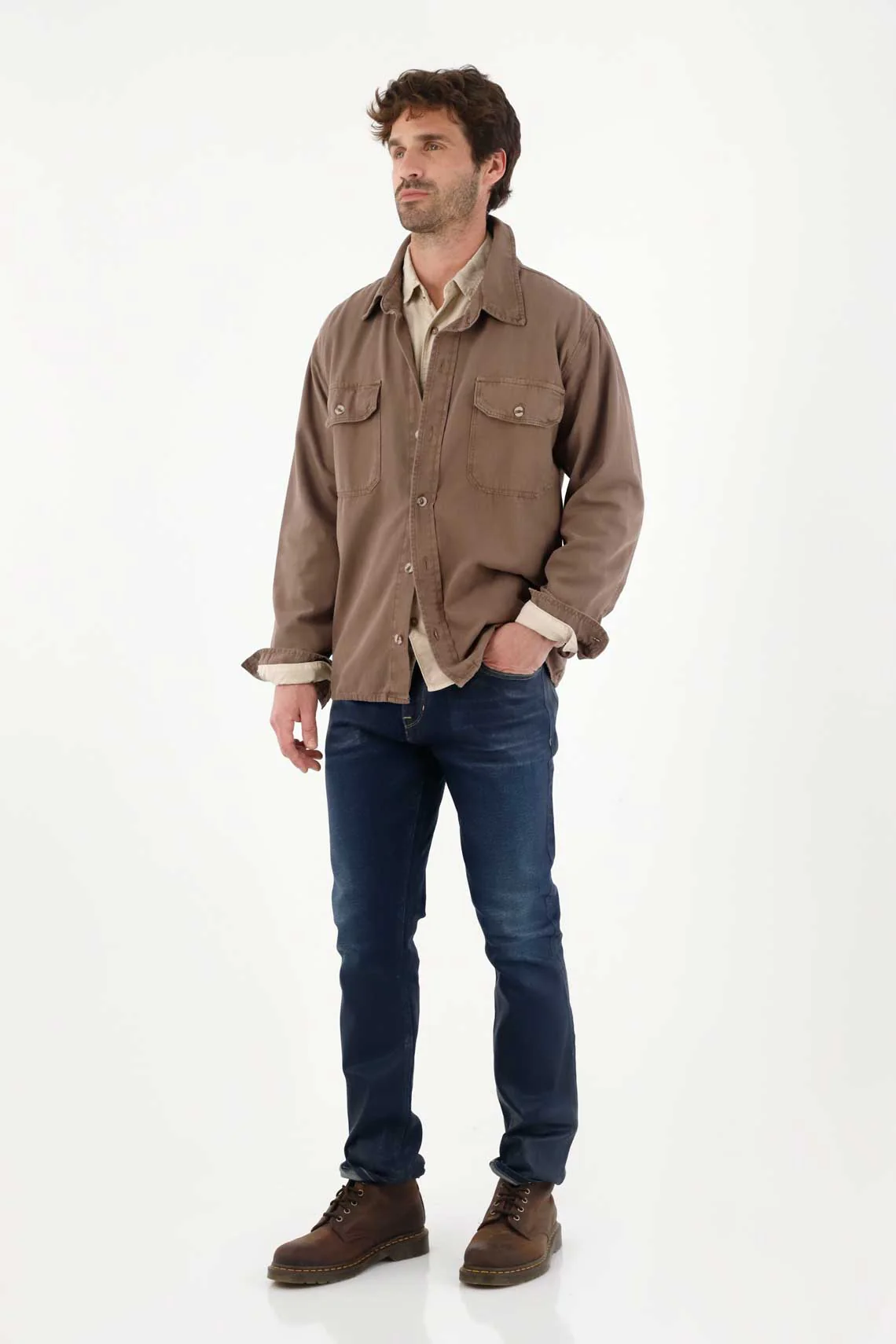 Classic shirt in solid brown fabric for men - Image 2