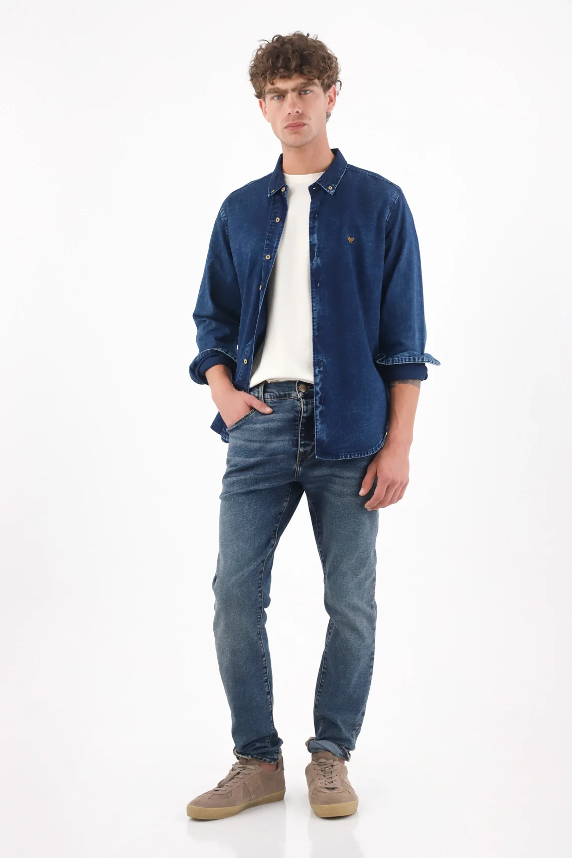 Shirt for men indigo cotton relaxed fit with wash