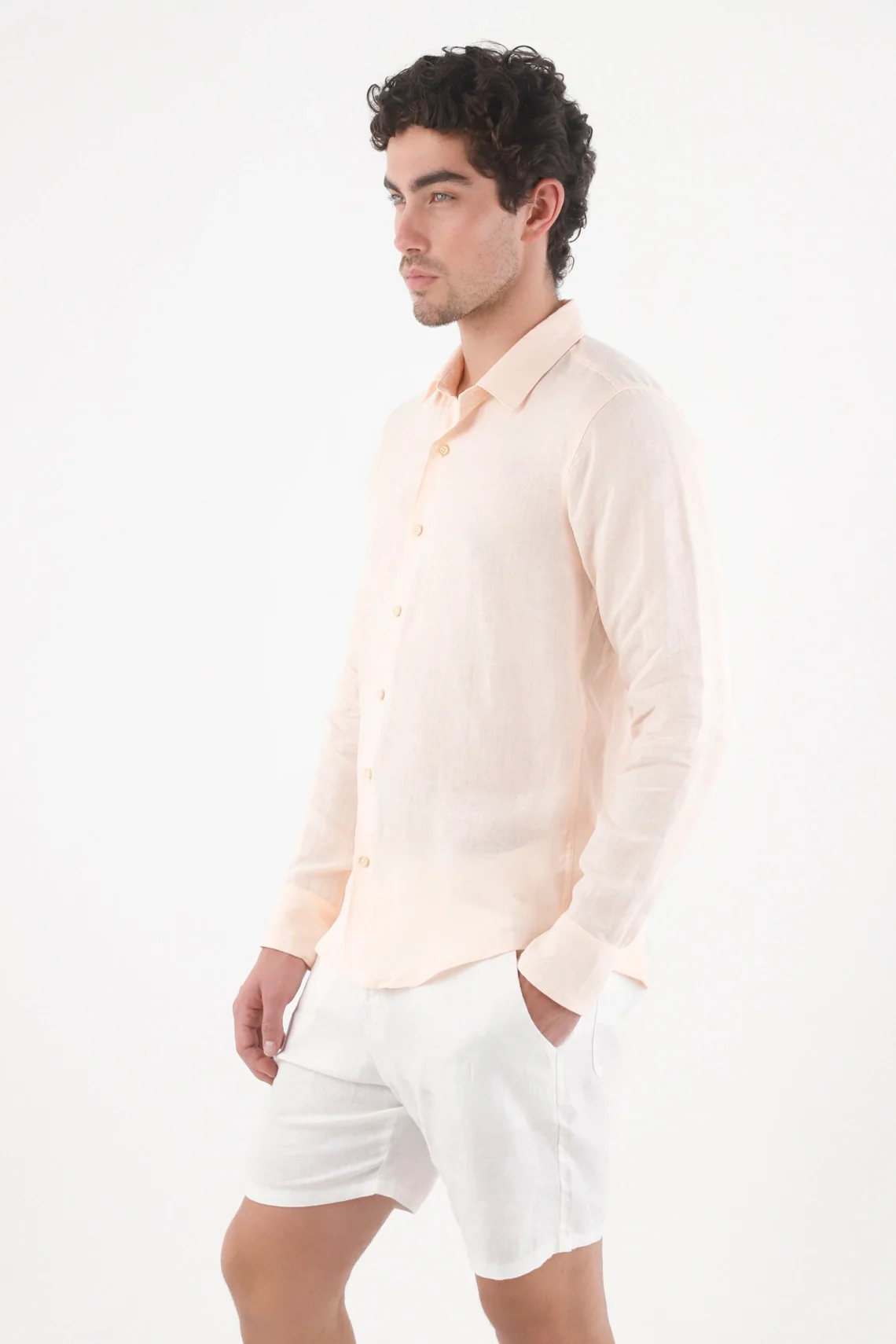Regular Button-Up Linen Shirt in Peach Color for Men - Image 2