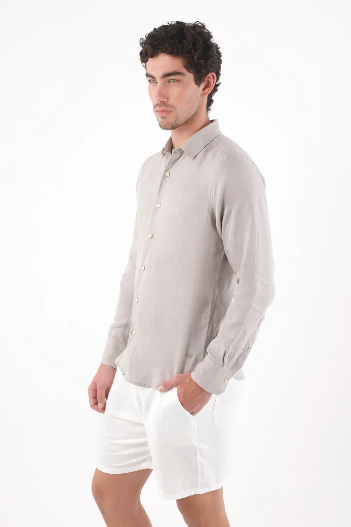 Straight Cut Shirt with Cream Buttons in Light Gray Linen for Men - Image 2
