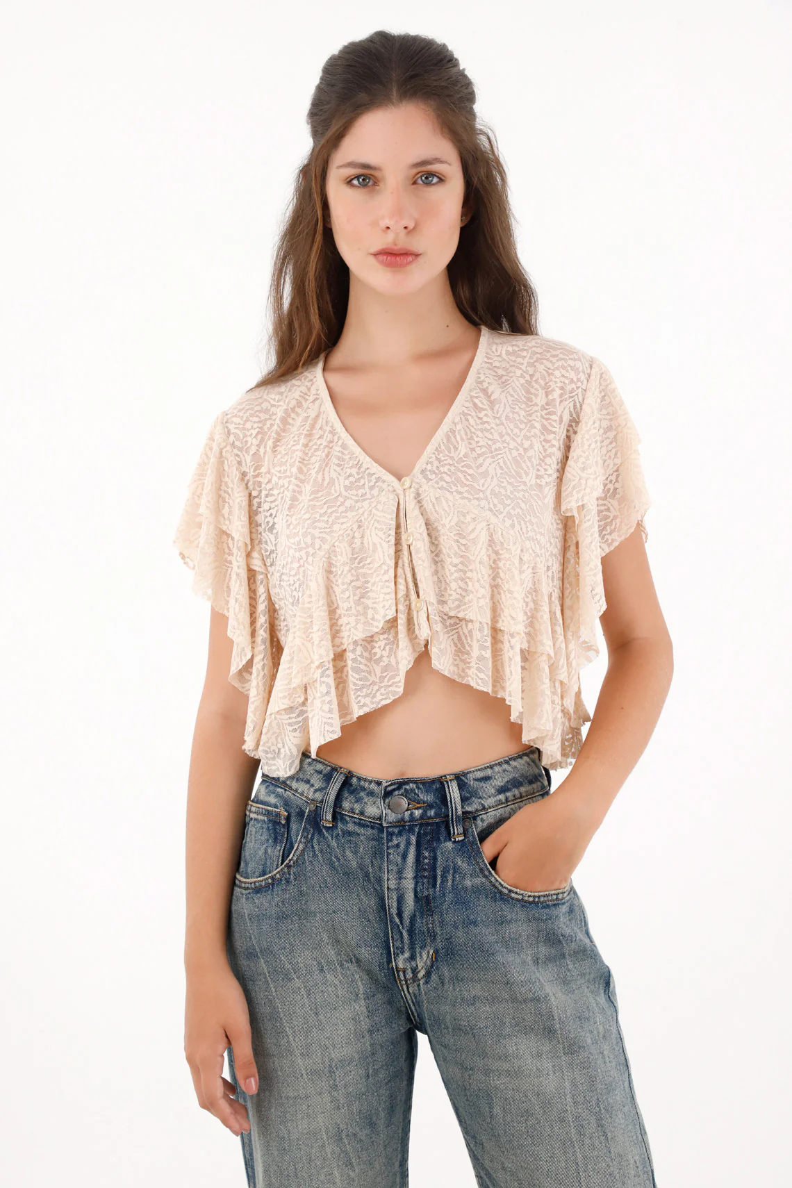 Shirt with Ruffles and Transparency Off-White for Women