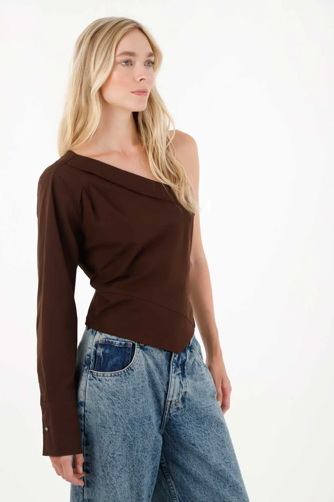 Brown One-Shoulder Shirt for Women - Image 2
