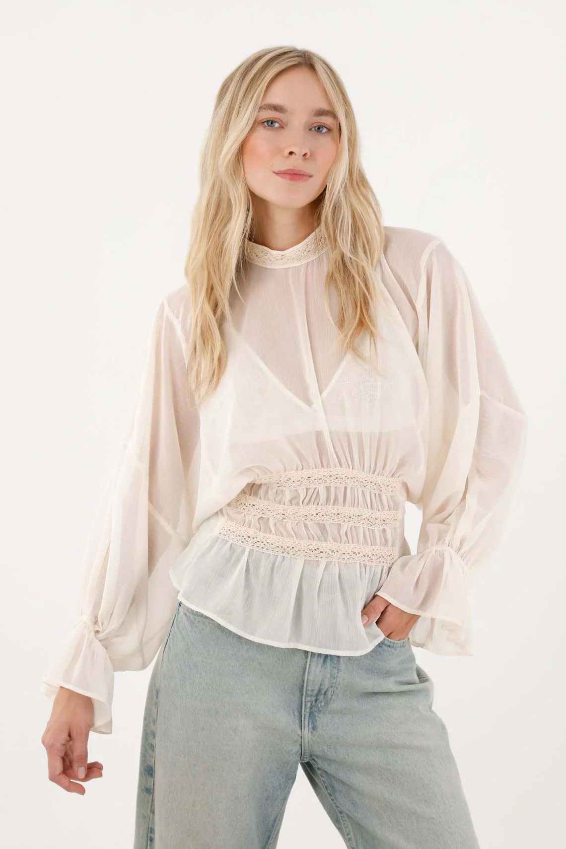 Shirt with high collar and lace details for women