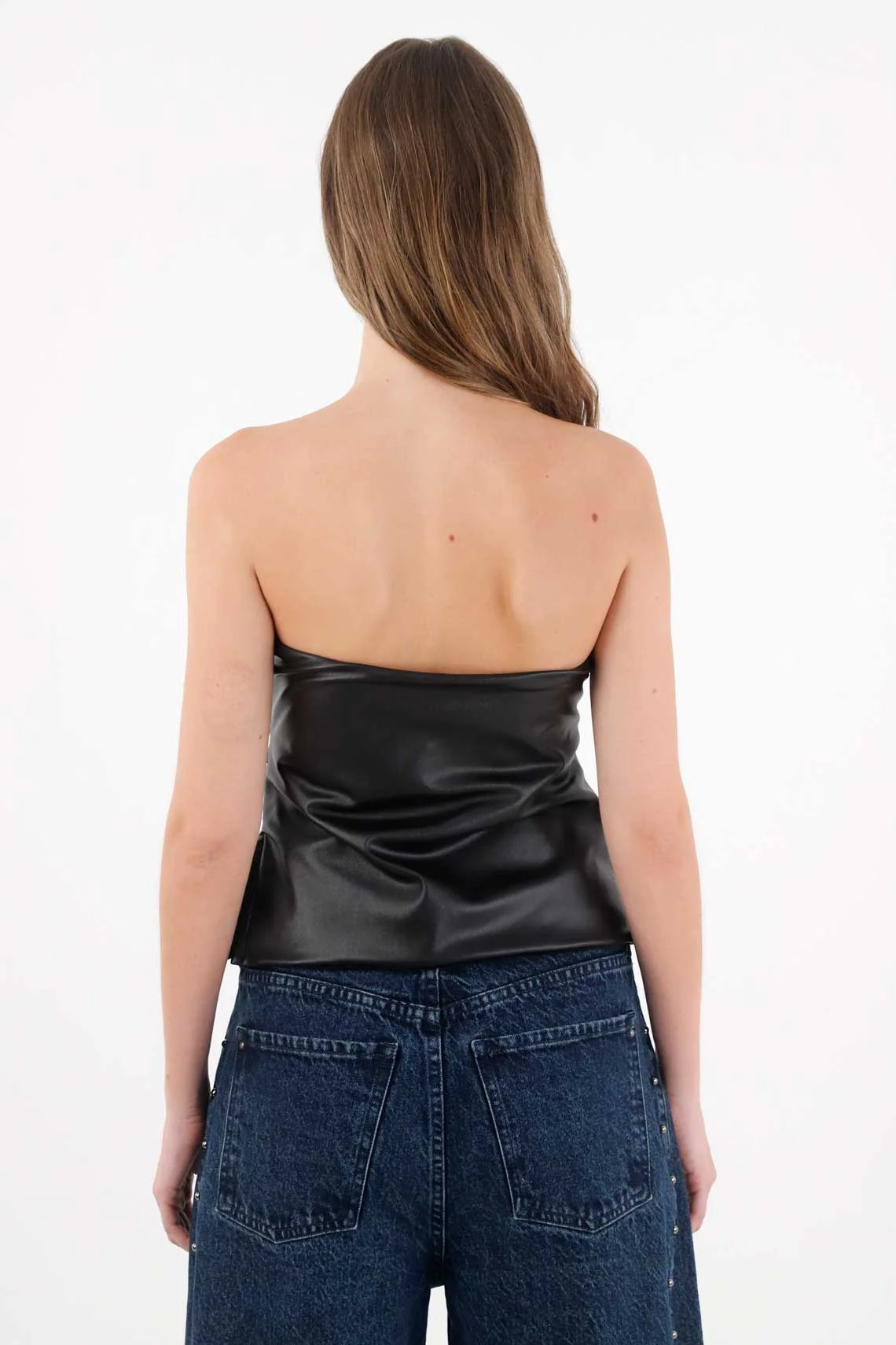 Strapless Shirt in Black Synthetic Leather for Women - Image 5