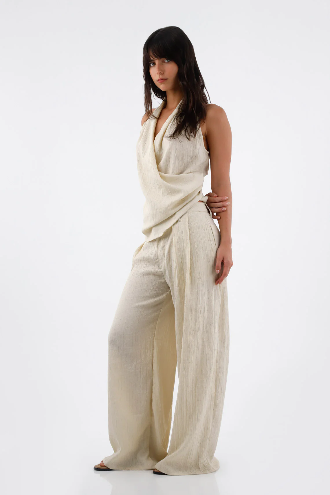Sleeveless Shirt for Women in Beige Polyester Relaxed Fit with Draped Halter Neck - Image 3