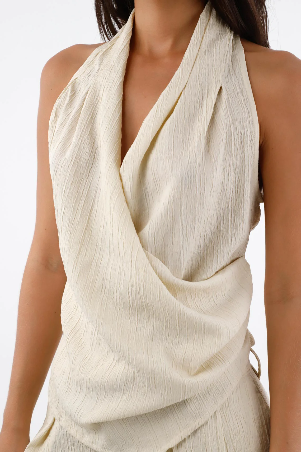 Sleeveless Shirt for Women in Beige Polyester Relaxed Fit with Draped Halter Neck - Image 4