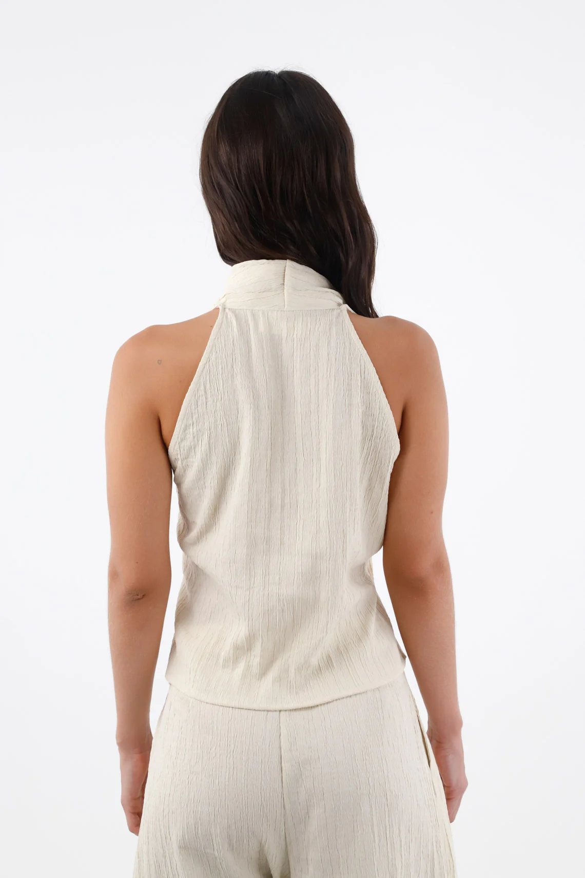Sleeveless Shirt for Women in Beige Polyester Relaxed Fit with Draped Halter Neck - Image 5