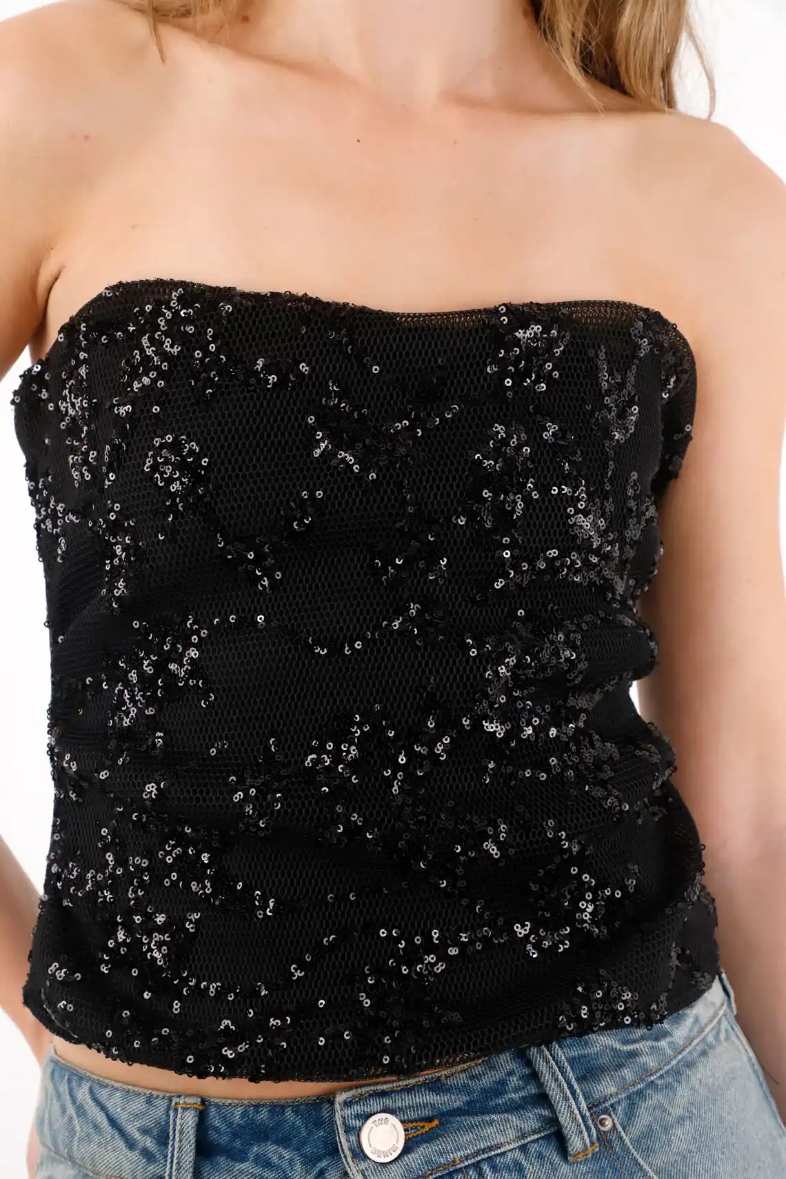 Black Sequin Strapless Shirt for Women - Image 4