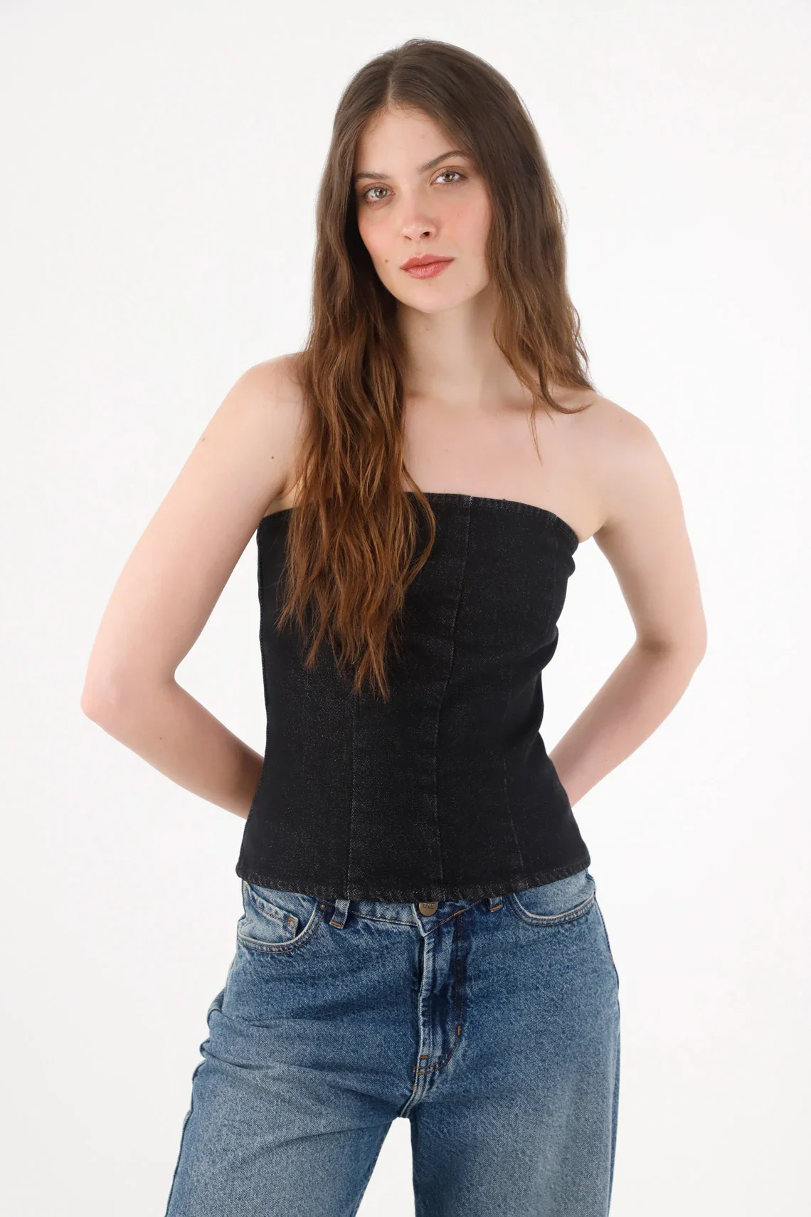 Black denim strapless shirt for women