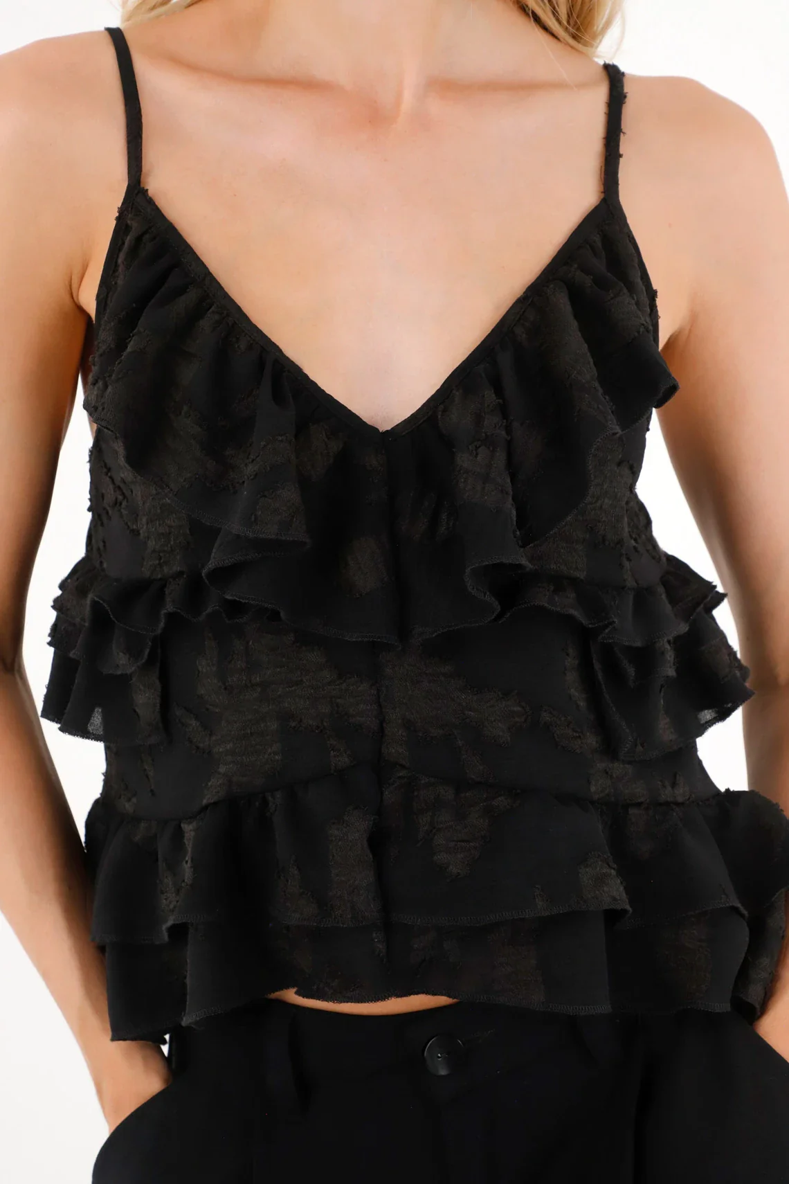 Shirt in Embroidered Fabric with Ruffles Black for Women - Image 2