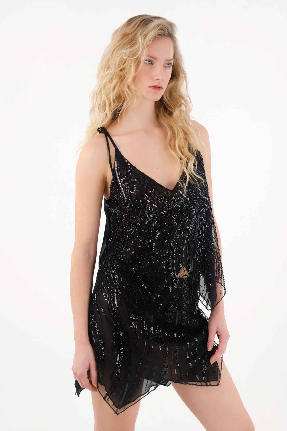 Black Sequin Detail Spaghetti Strap Shirt for Women