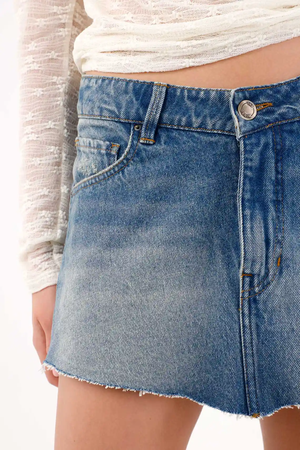 Short A-line skirt with frayed hem in blue cotton for women - Image 3