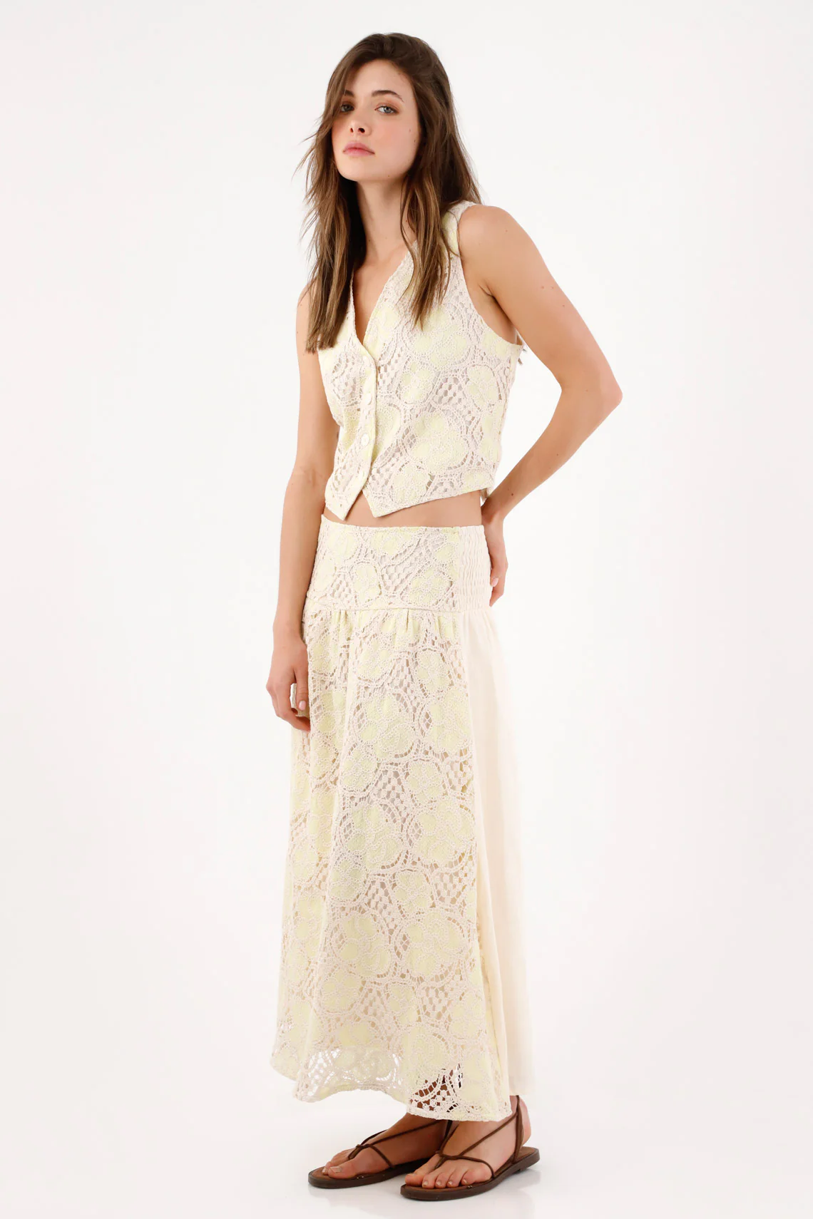 Long A-line Skirt with Floral Crochet Lace in Ivory for Women