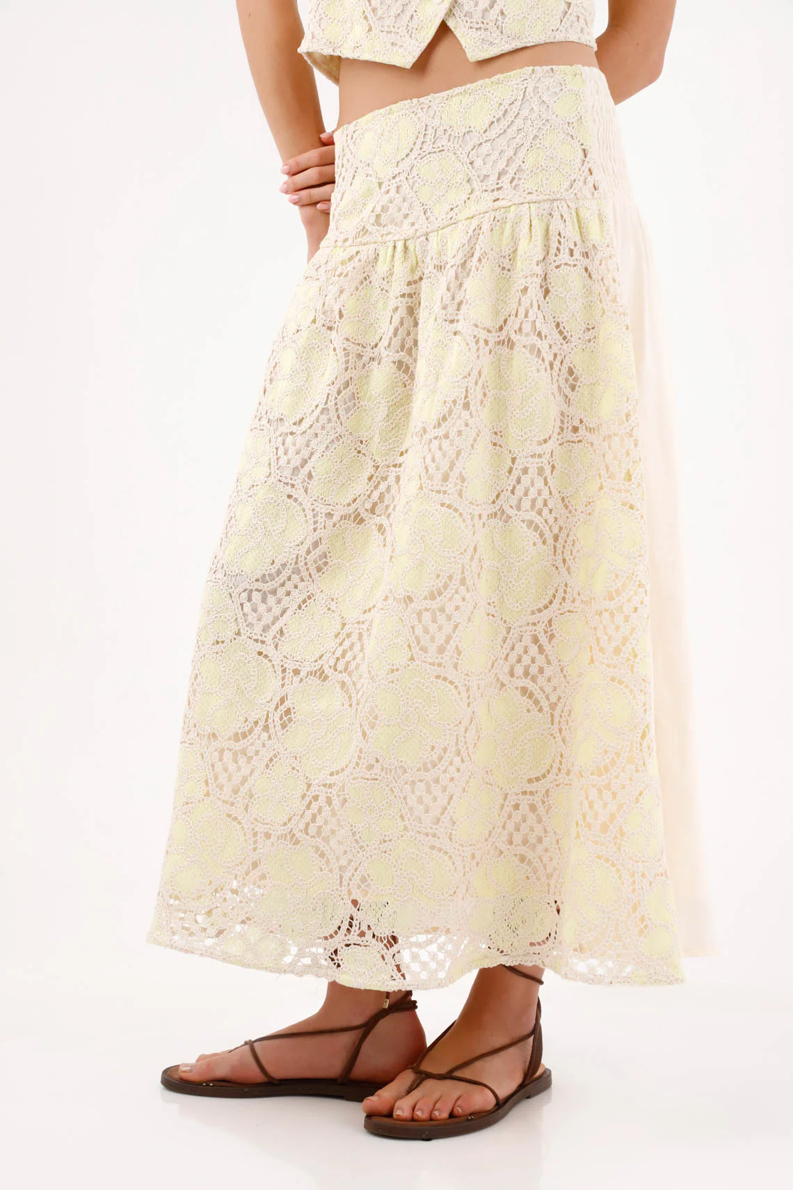 Long A-line Skirt with Floral Crochet Lace in Ivory for Women - Image 3