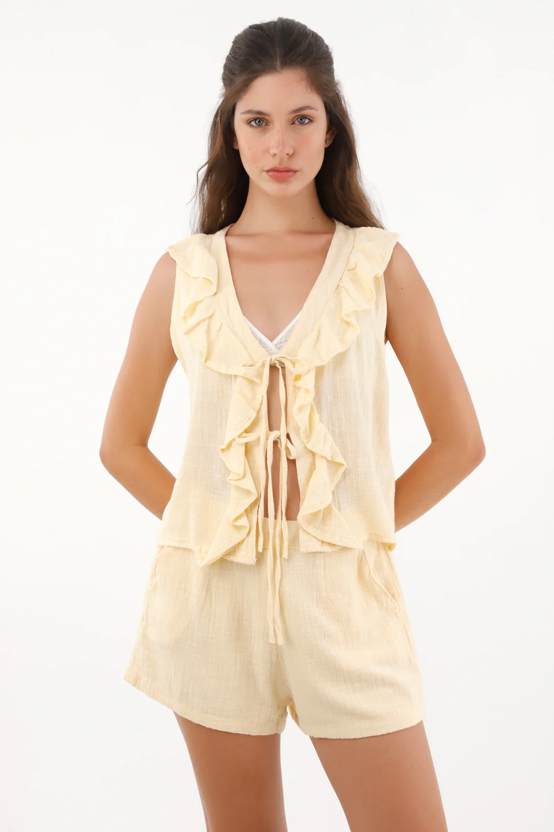 Sleeveless Shirt with Ruffles in Off-White for Women - Image 2