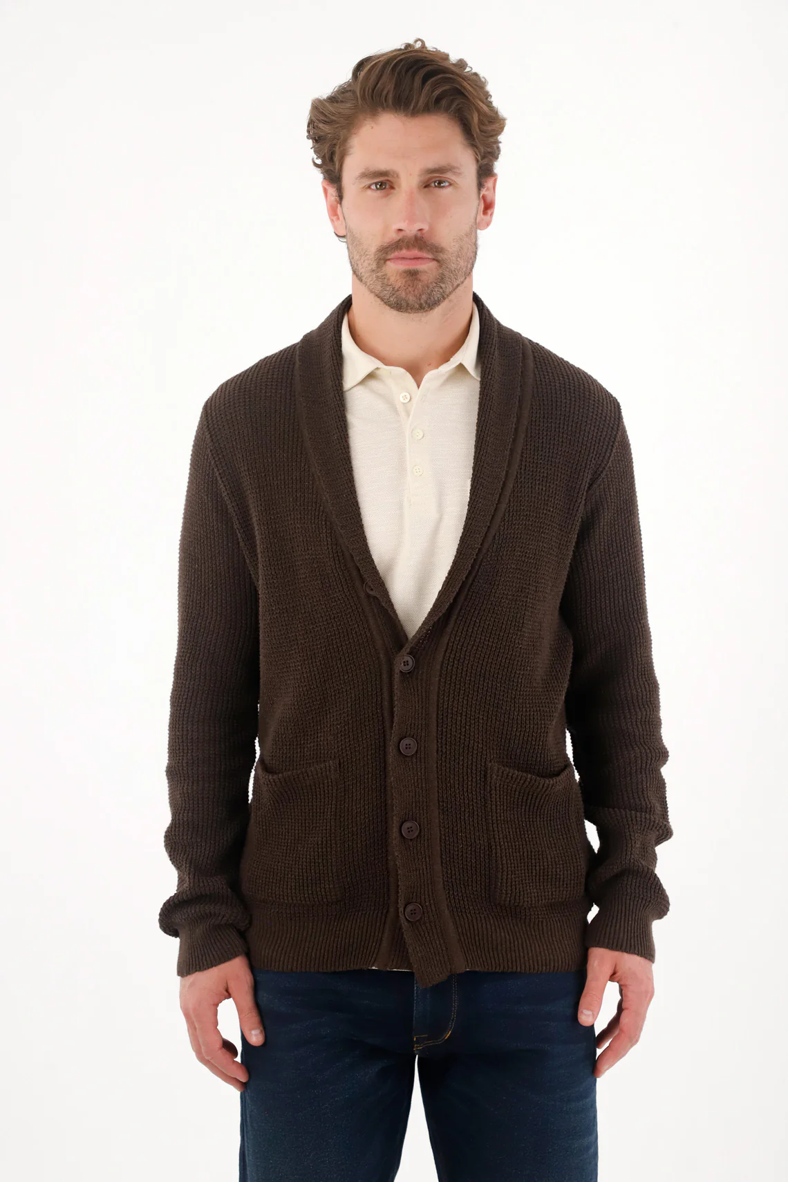 Brown Knit Sweatshirt Cardigan for Men - Image 3