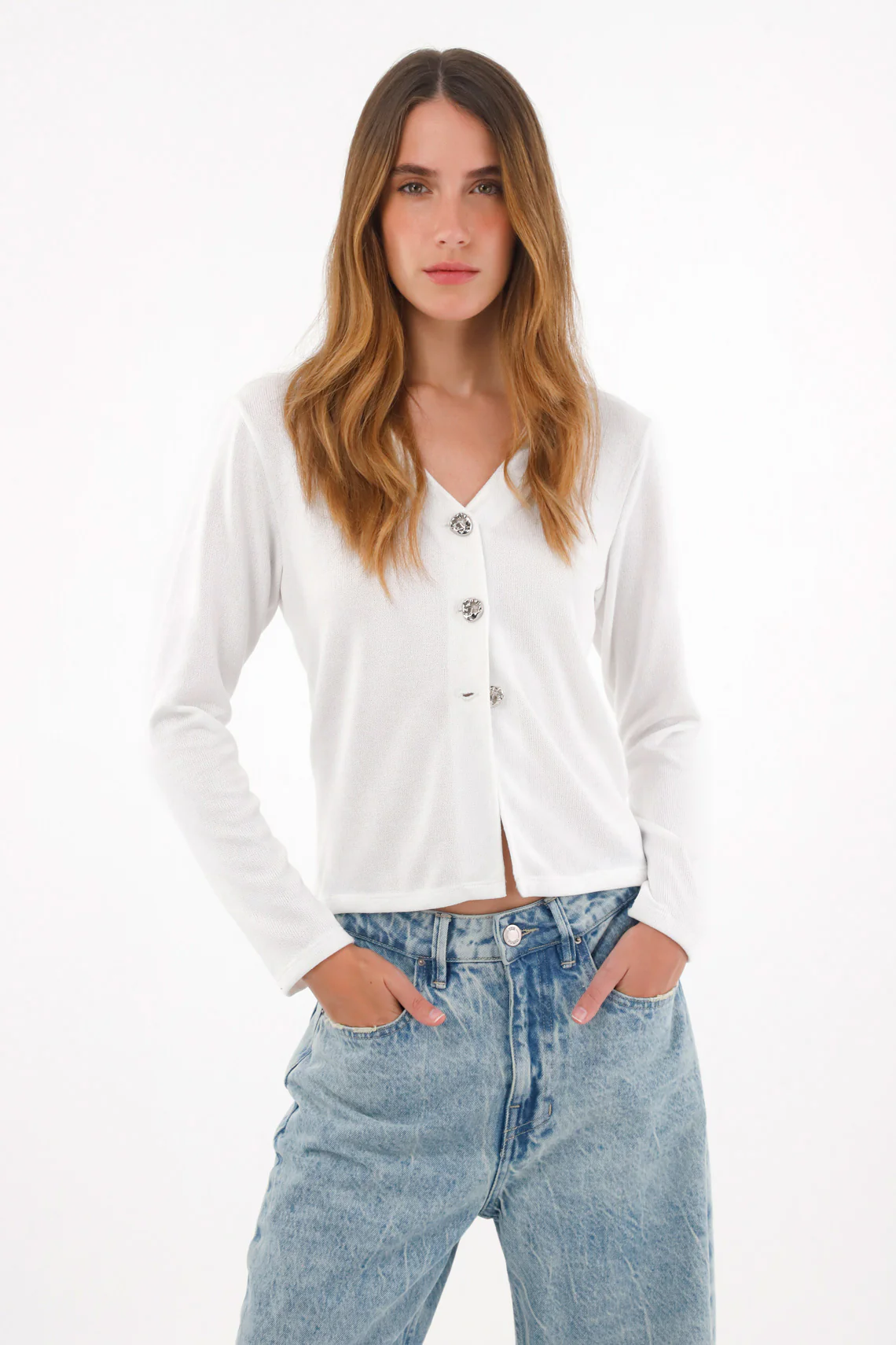 Knit sweatshirt with buttons in front off-white for women - Image 2