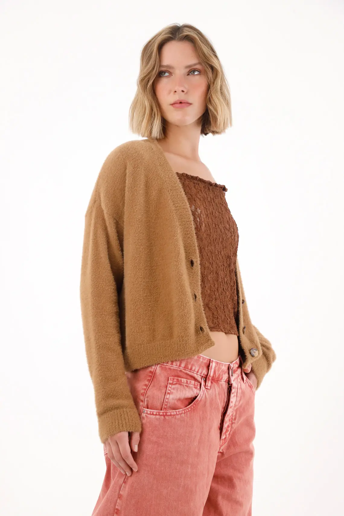 Brown Cardigan-Type Sweatshirt for Women - Image 2