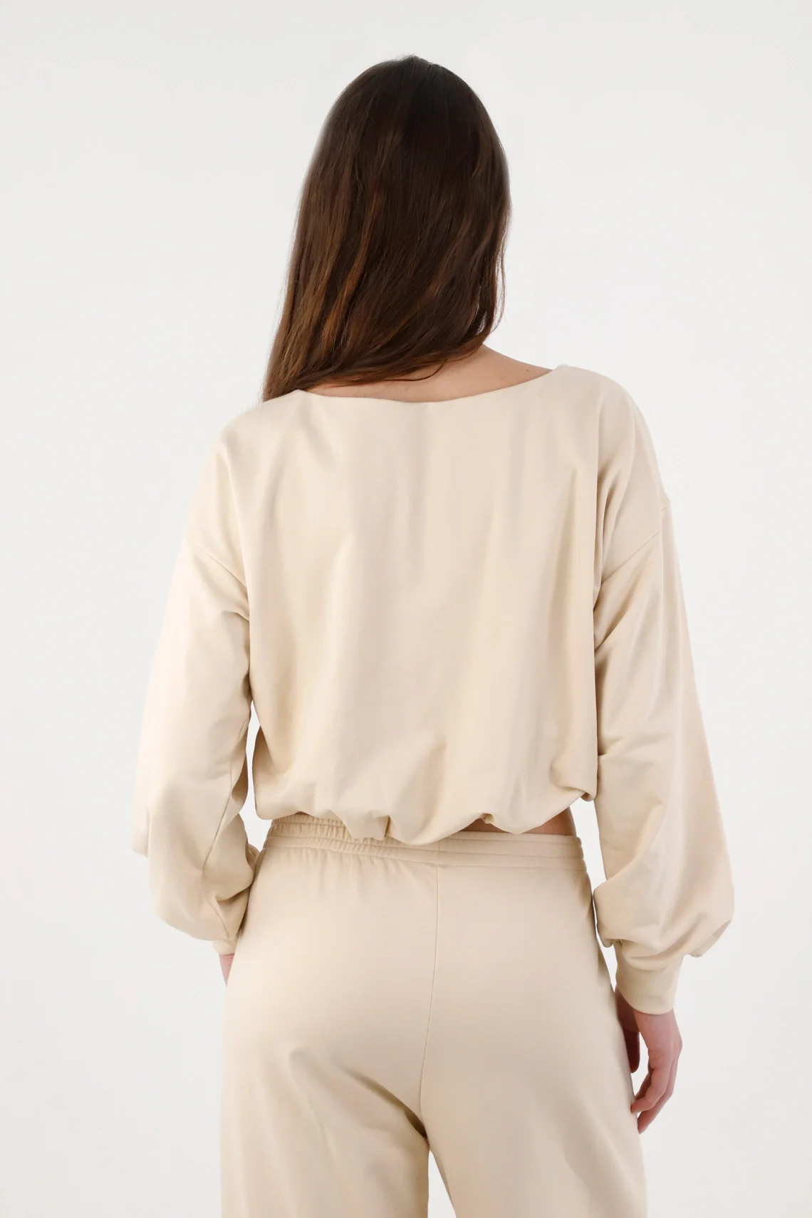 Sweatshirt for Women Cotton Beige Relaxed Fit with V-Neck - Image 4
