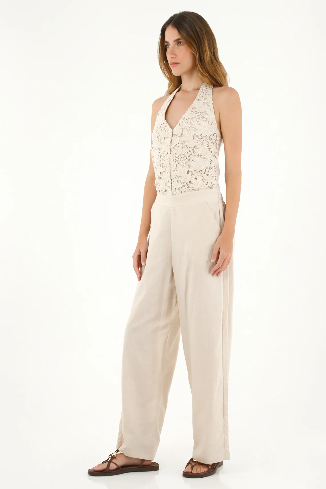 Women's Cream Wide Leg Jumpsuit - Image 3