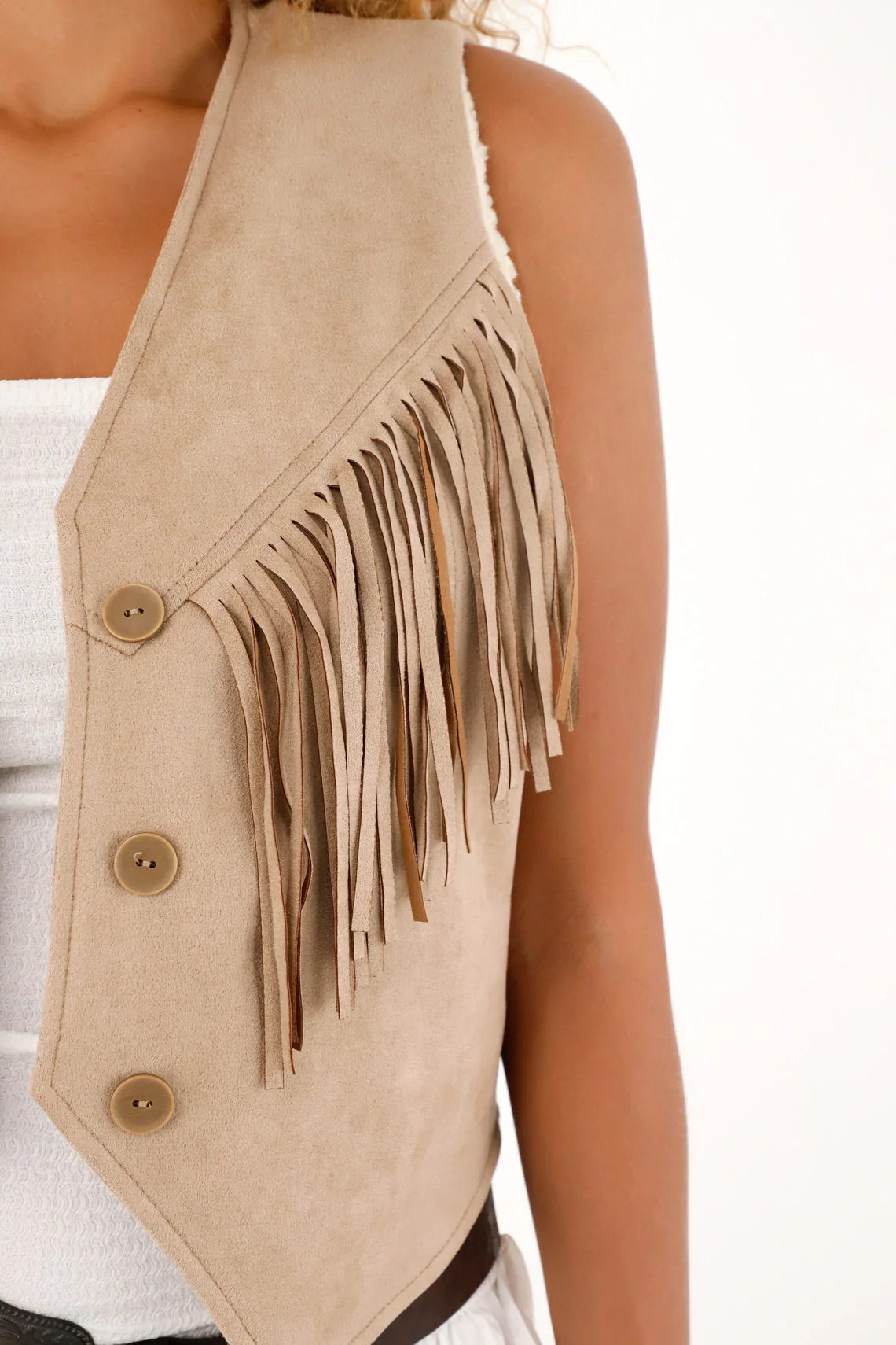 Women's suede vest with fringe and shearling - Image 2