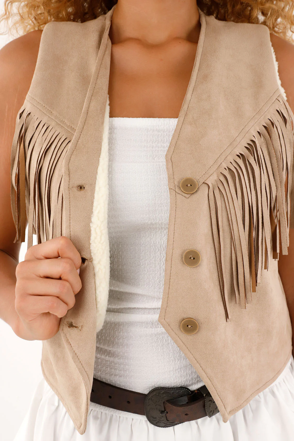Women's suede vest with fringe and shearling - Image 5