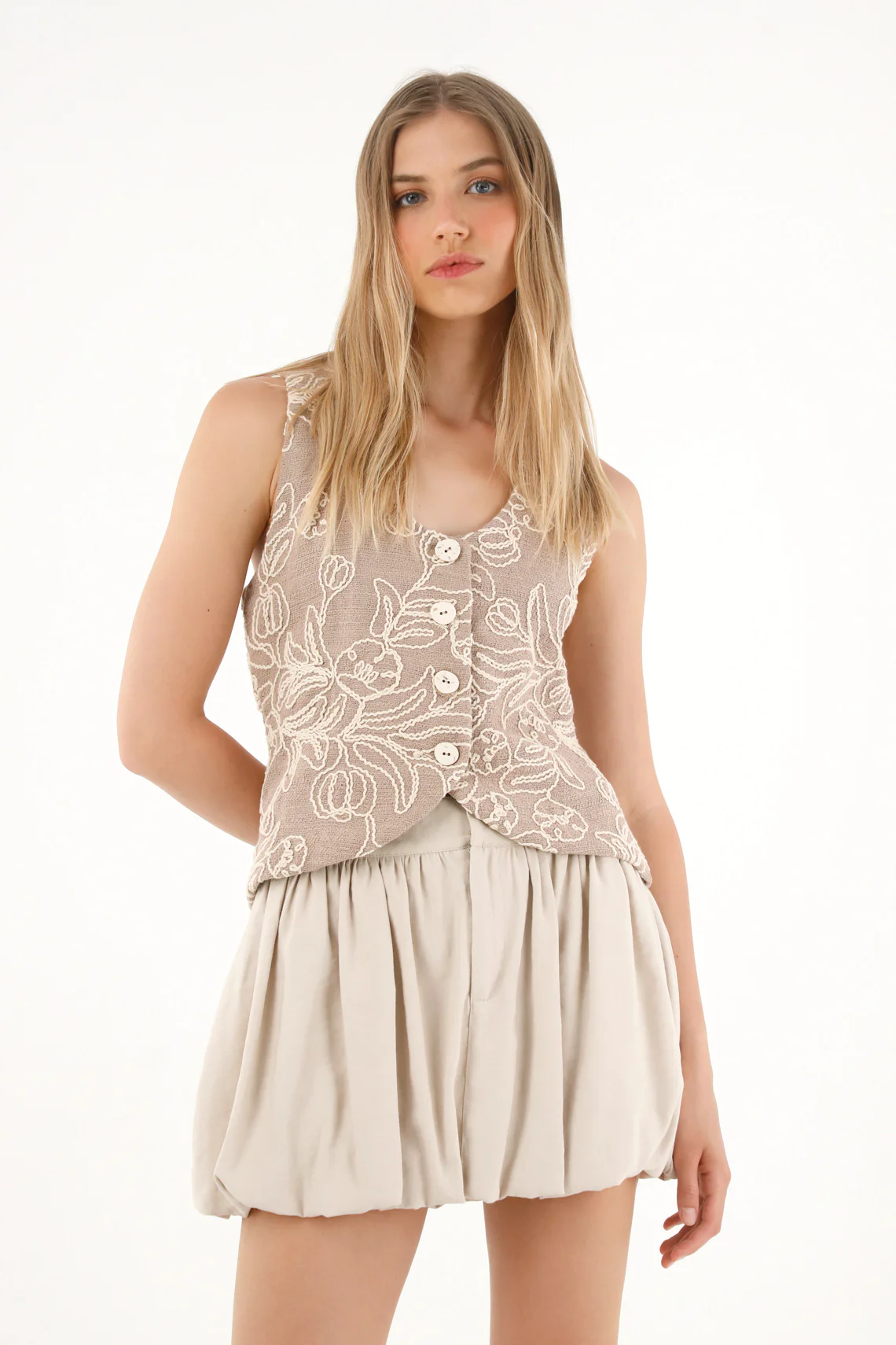 Women's Textured Vest with Brown Embroidery