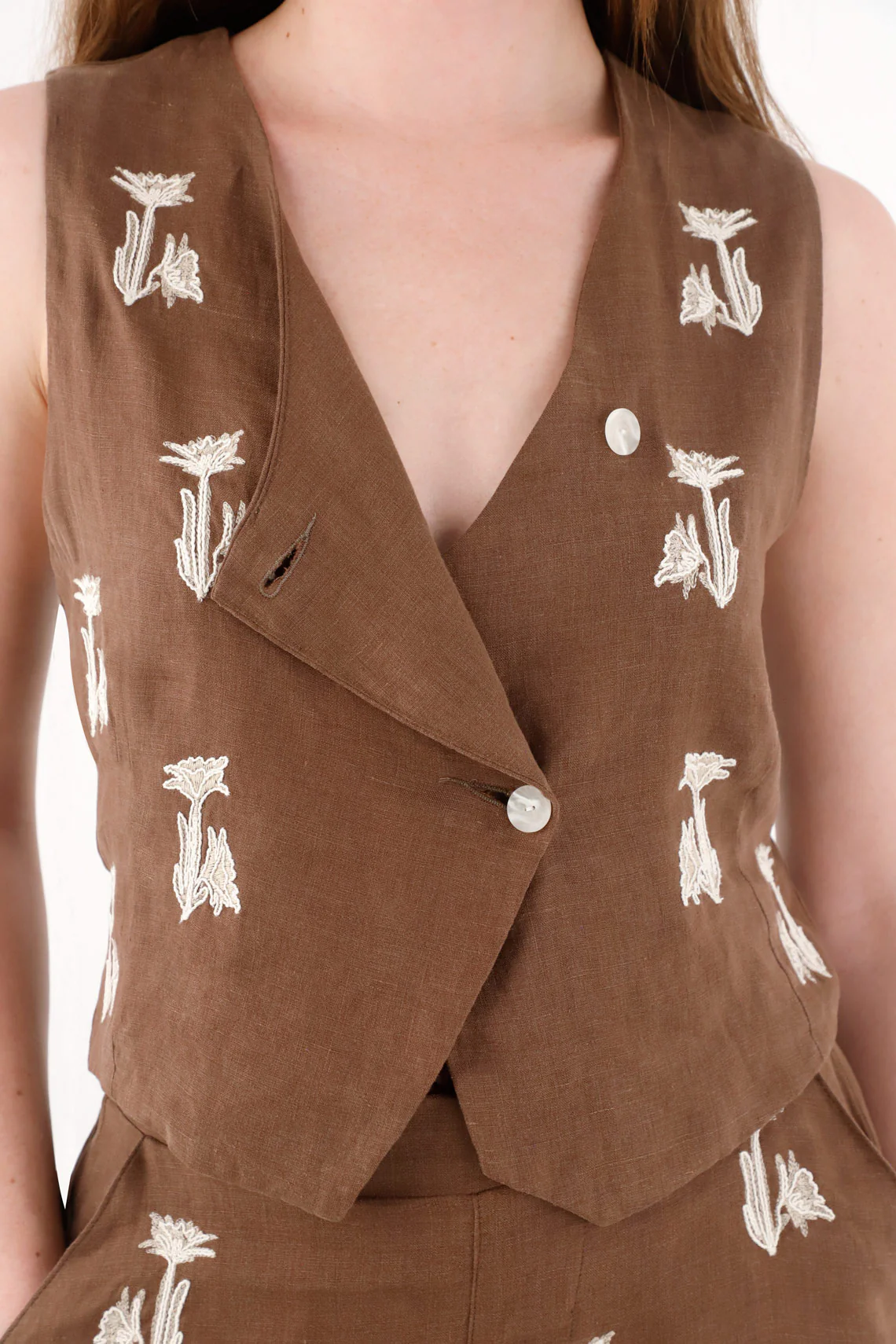 Women's 100% Linen Vest with Coffee Embroidery - Image 2
