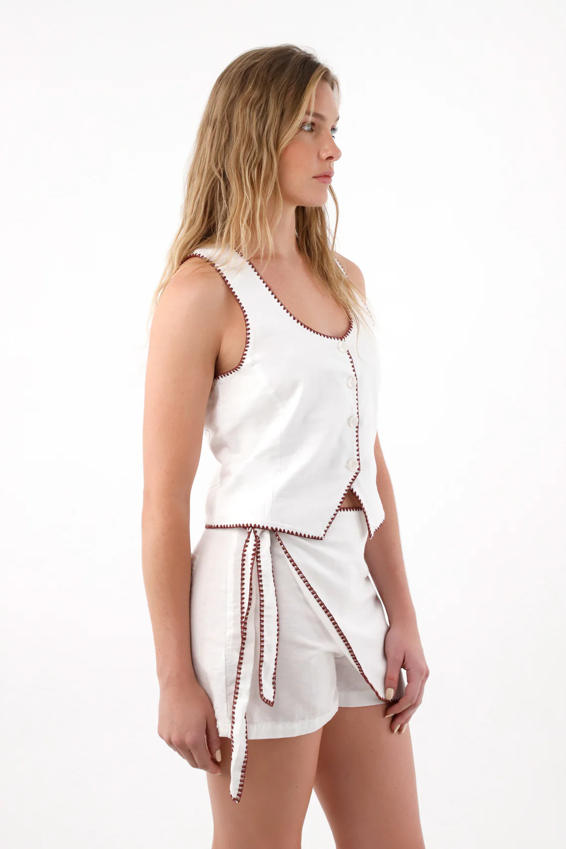 Women's White Deep V-Neck Linen Look Vest - Image 3