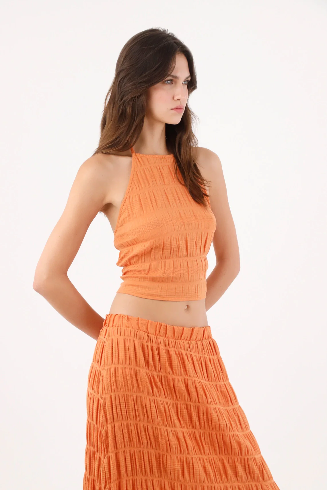 Orange Polyester Halter Top for Women with Crinkle Texture - Image 3