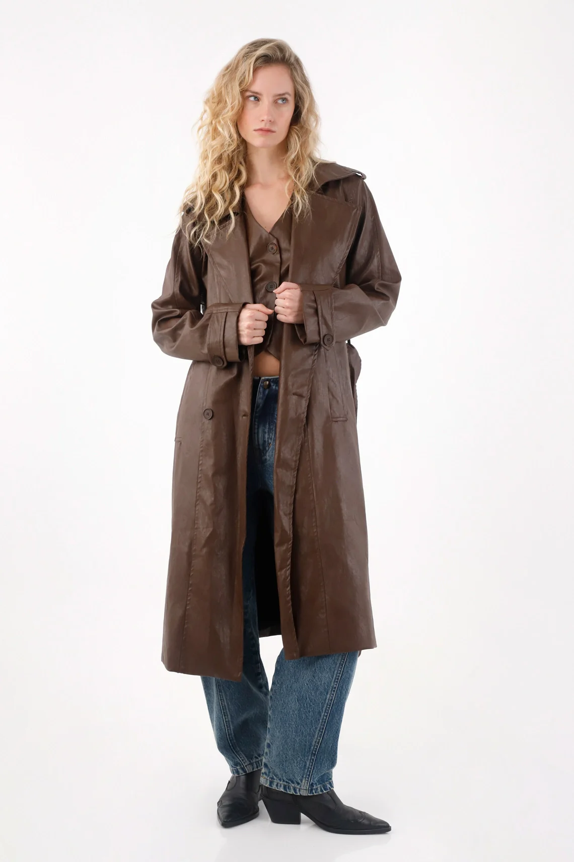 Brown Synthetic Leather Trench Coat for Women