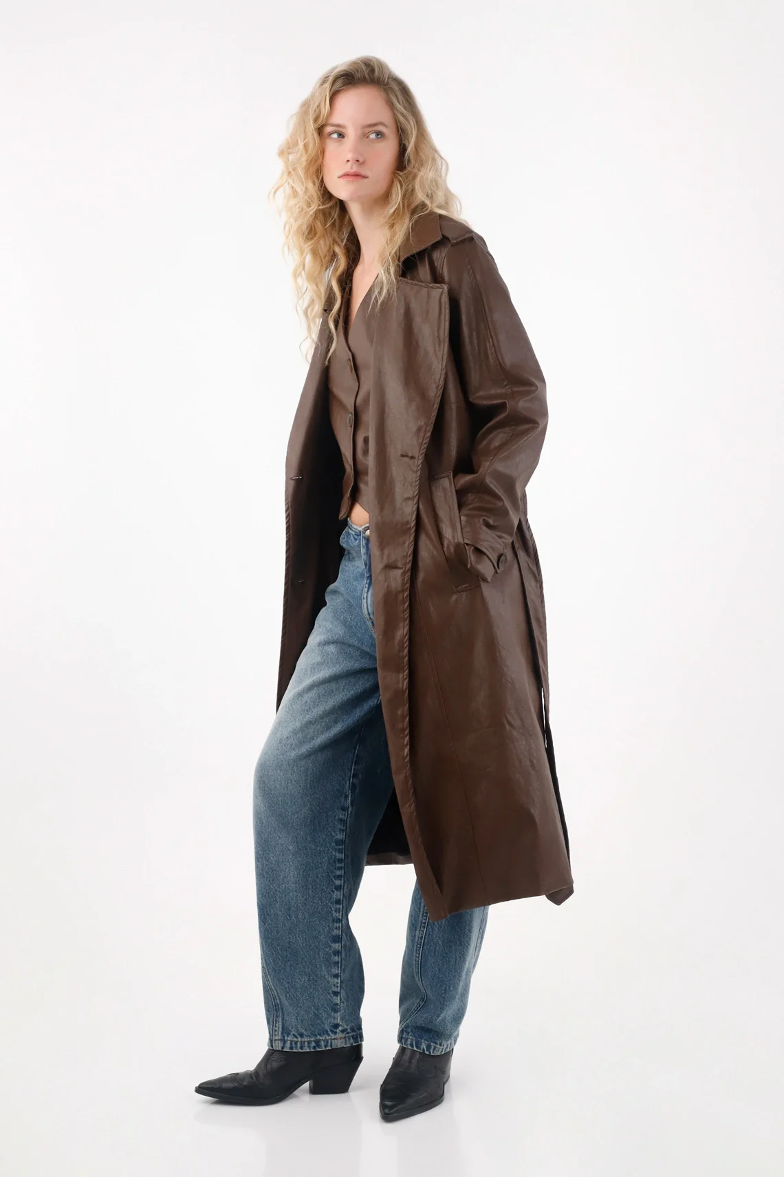 Brown Synthetic Leather Trench Coat for Women - Image 2