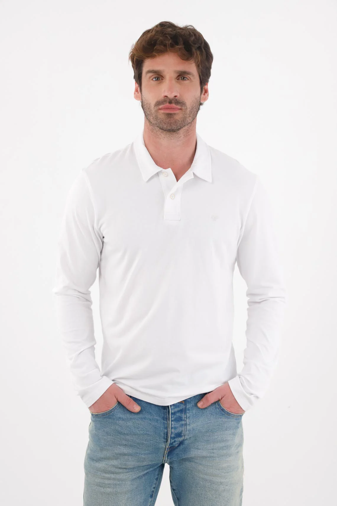 White Long Sleeve Polo for Men