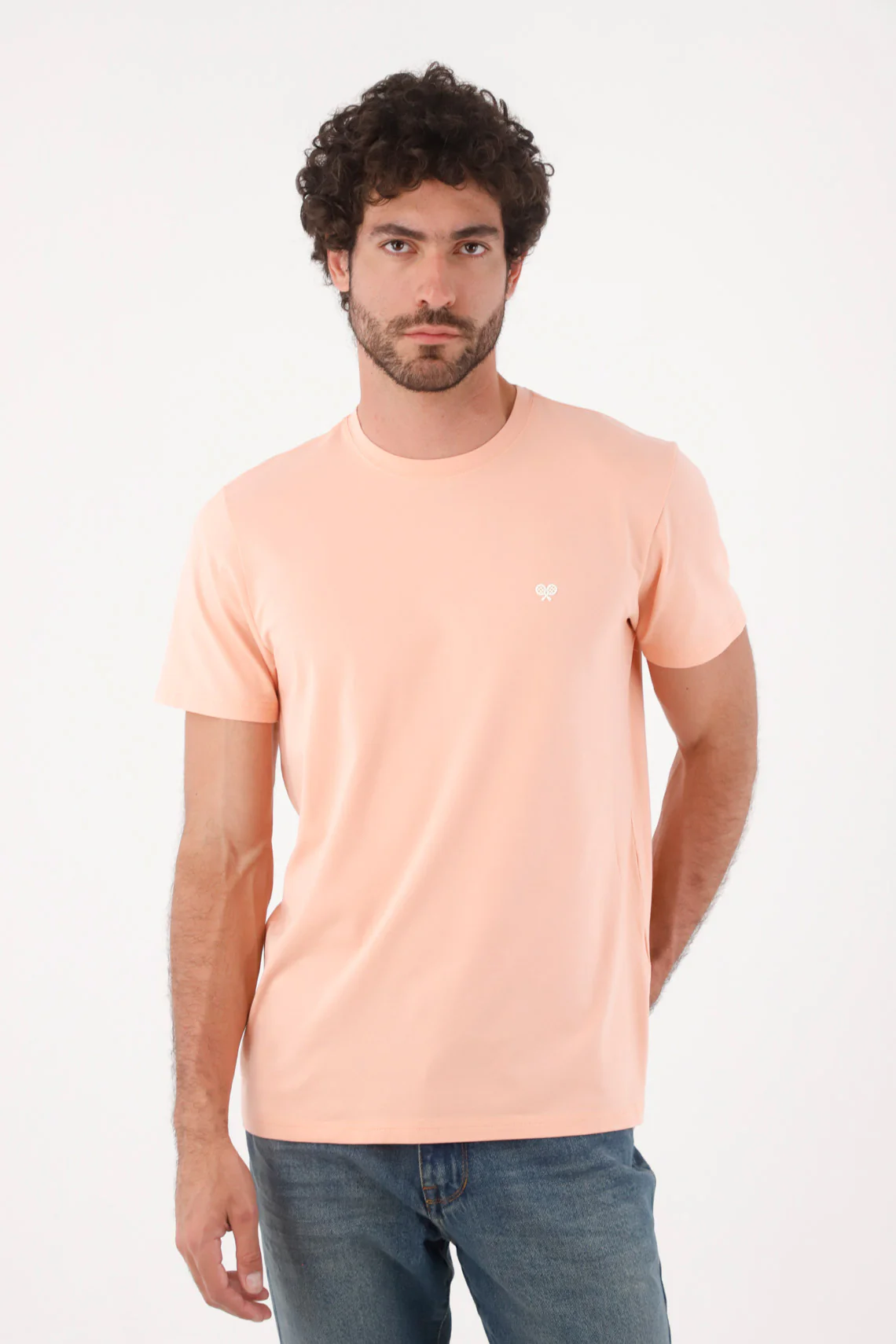 Men's Regular Fit Salmon Cotton T-Shirt with Embroidery