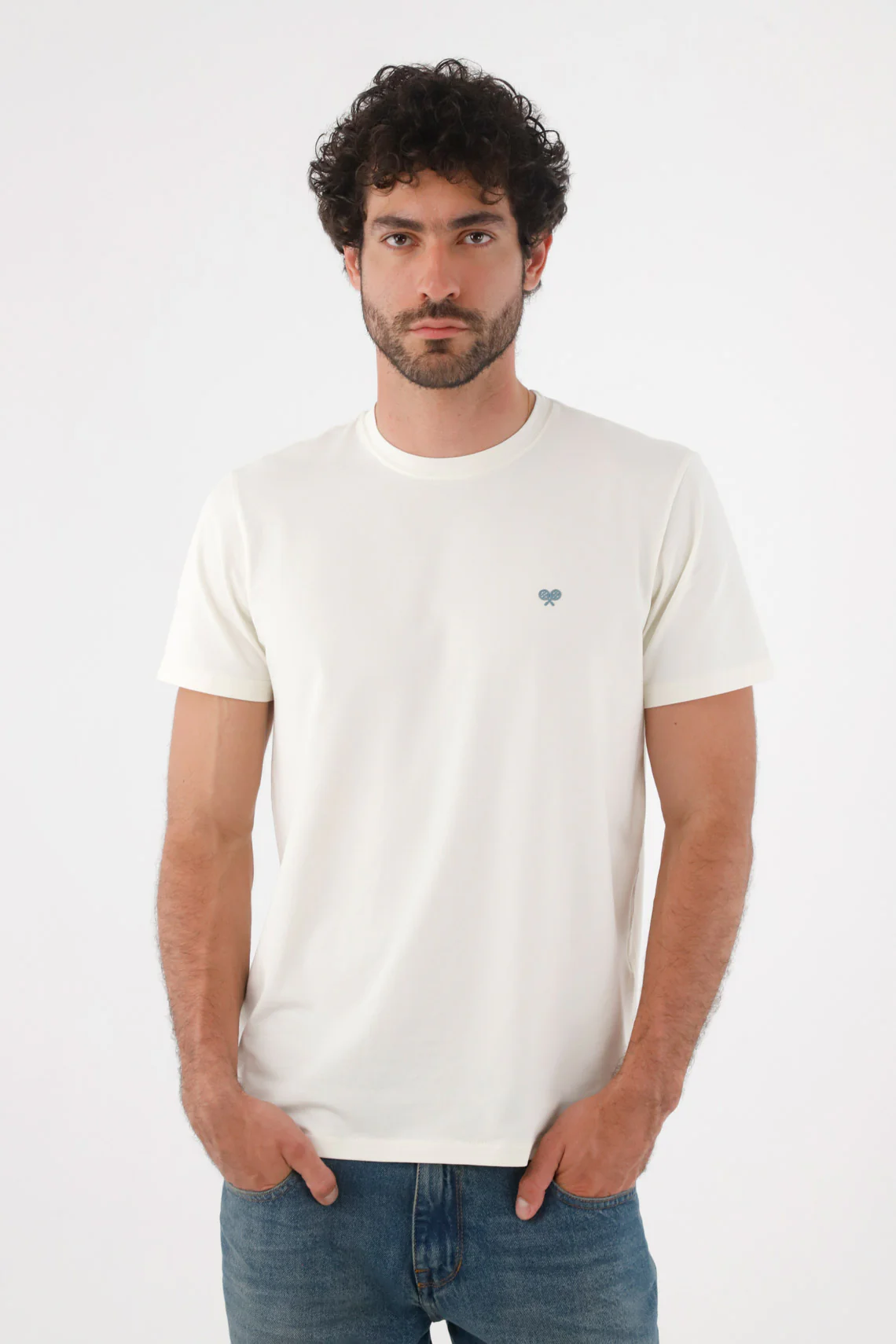 Regular Fit White Cotton T-Shirt for Men with Mini Rackets on the Chest