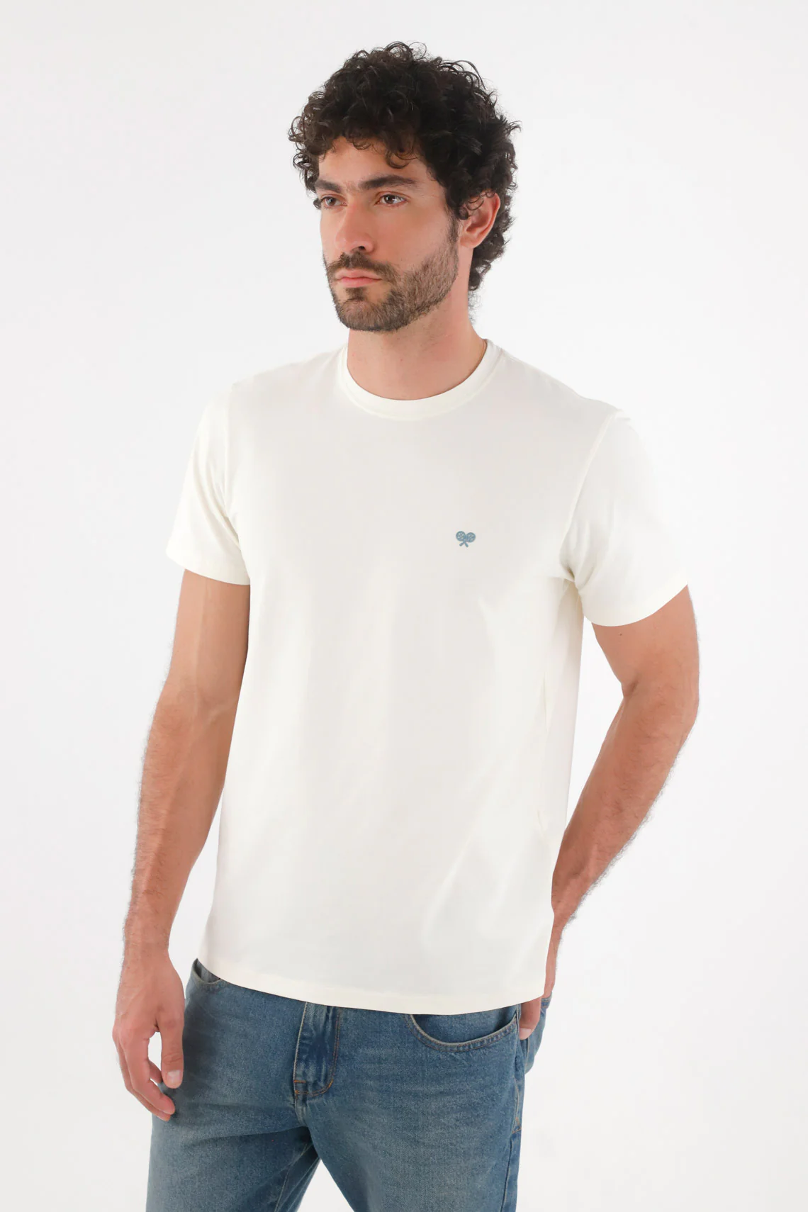 Regular Fit White Cotton T-Shirt for Men with Mini Rackets on the Chest - Image 3