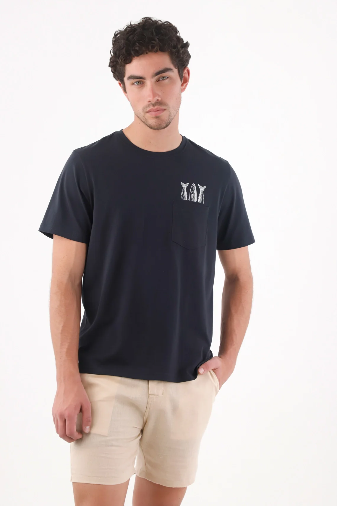 Regular Fit T-Shirt with Pocket and Fish Graphic in Navy Blue for Men