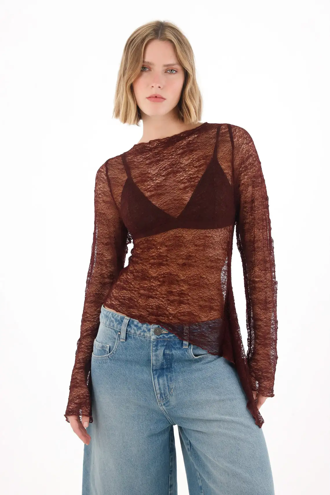 Long Sleeve T-Shirt in Red Lace Fabric for Women - Image 3