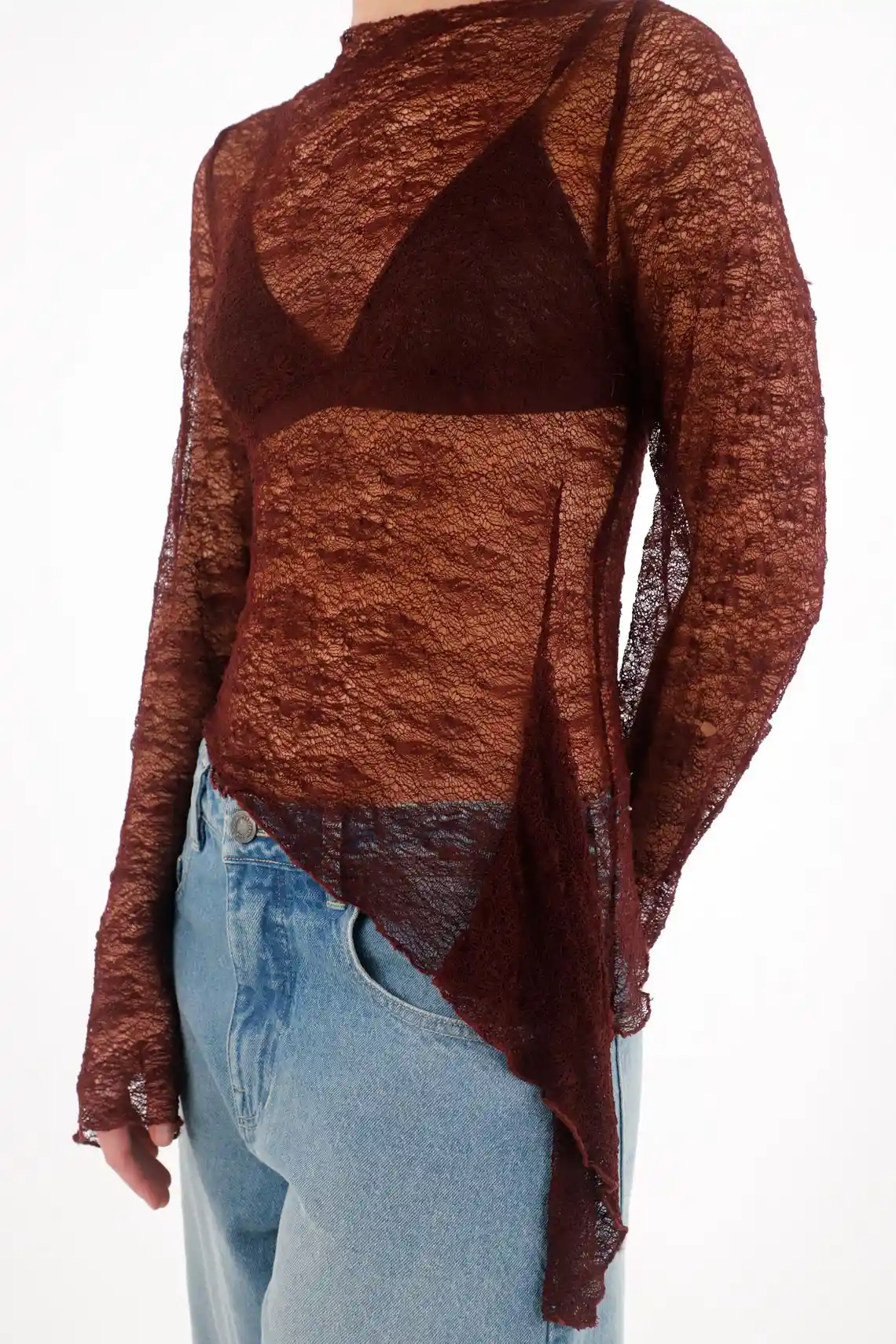 Long Sleeve T-Shirt in Red Lace Fabric for Women - Image 4