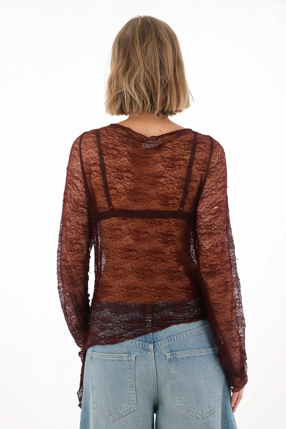 Long Sleeve T-Shirt in Red Lace Fabric for Women - Image 5